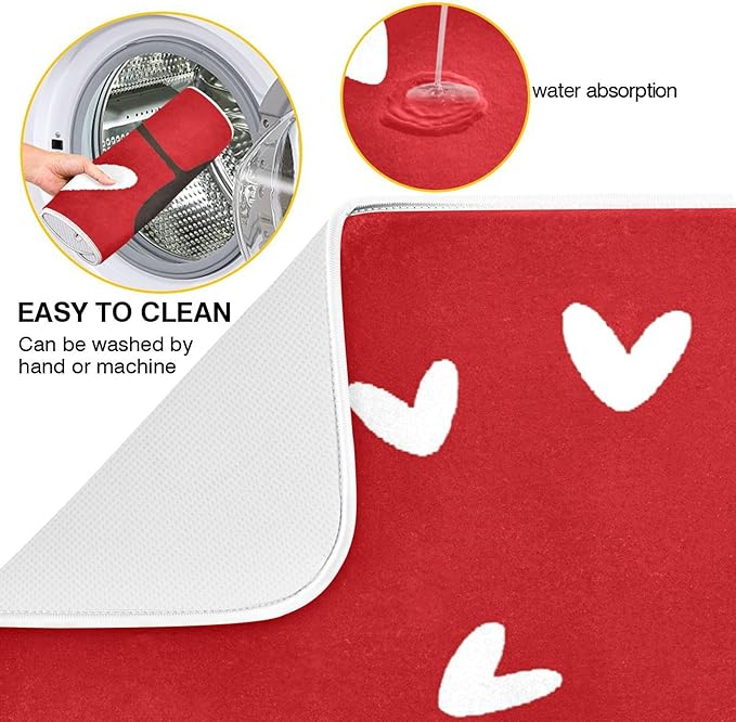 Happy Valentine's Day Dish Drying Mat for Kitchen Red White Love Heart Microfiber Drying Mats Absorbent Reversible Dish Pad Large Dish Draining Mat 18x24 inch