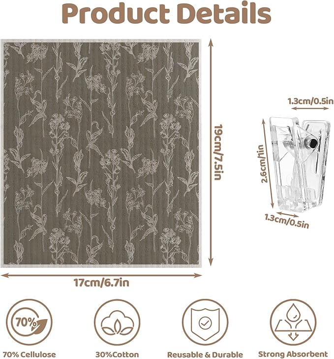 Needbrock 6 Pack Swedish Dishcloths for Kitchen,Swedish Rags Dish Towels with Clips, Reusable Paper Towels Washable Absorbent Cellulose Sponge Cloths No Odor for Cleaning Home Kitchen