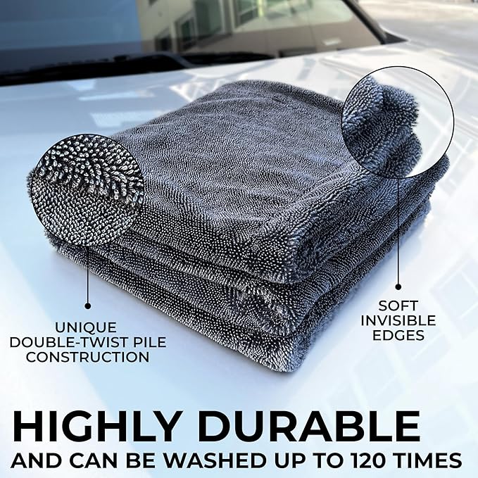 WEST BROS Large Car Drying Towel, 1300 GSM Professional Car Towel with Double Twisted Loop,Super Absorbent Large Microfiber Drying Towels for Cars, Trucks, SUVs - 20"x26", Gray