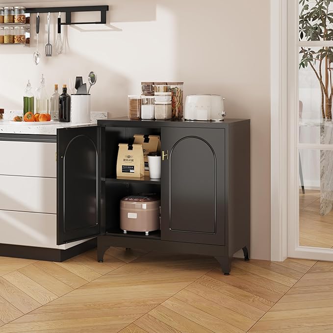 Metal Storage Cabinet with 2 Doors, 33"H Black Sideboard Cabinet, Small Kitchen Cabinet with Adjustable Shelf, Coffee Bar Cabinets, Storage Cabinets for Bedroom, Living Room, Kitchen, Office