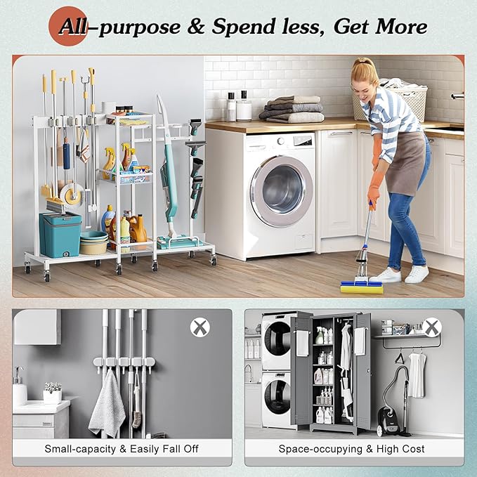Broom Holder with Cleaning Supplies Organizer, Broom Closet Storage Cabinet with Cleaning Caddy Vacuum Stand, Cleaning Cart with Mop Hanger Gripper Rack Hook, Laundry Room Organization Home Essentials