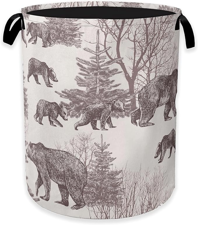 Forest Bear Laundry Hamper,Vintage Animal Clothes Hamper for Laundry,Waterproof Oxford Toy Storage Collapsible Hampers for Bedroom, Dorm Room,Bathroom,16x20 Inch