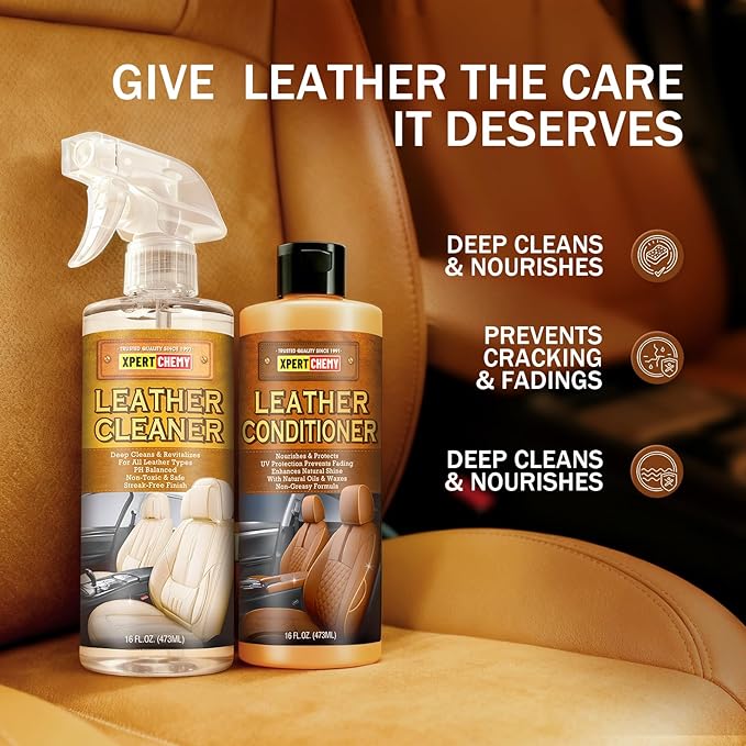 XPERTCHEMY Leather Cleaner and Conditioner Kit, Leather Care for Car Seats, Furniture, Couches, Boots, Bags & More, Safe for Any Color, 2 x 16oz