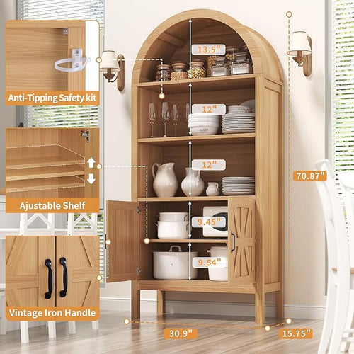 71" Tall Arched Cabinet with Storage, Farmhouse Arched Display Bookcase Cabinet with Door and Adjustable Shelves, Arch Bookshelf Storage Pantry Cabinets for Living Room, Kitchen