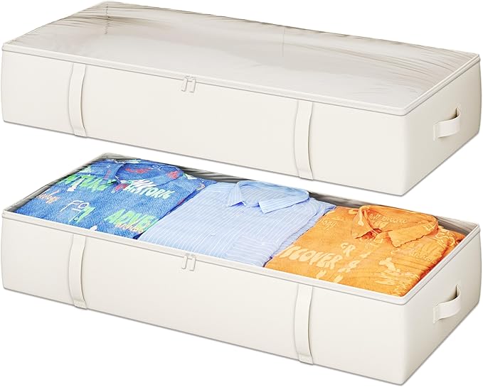 TidyCorner 2-Pack Under Bed Storage Containers, 8 Inches Tall Underbed Clothes Storage Organizer Bin with Sturdy Sidewalls/Bottom, Under the Bed Storage Bags 2 Storage Bins, Beige