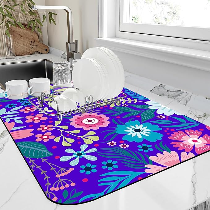 Kitchen Mat Colorful Flowers Leaves Dish Drying Mat 12"x19" Bsorbent Coffee Maker Mat for Sink Dishes or Under Rack Kitchen Counter Accessories Absorbent Hide Stain Rubber Backed Dish Drying Pad