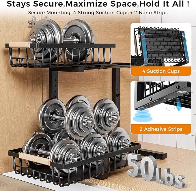 ENRUNEST Under Sink Organizer,2 Pack Under Kitchen Sink Organizer,2 Tier Sliding-Out,5 Level Height Adjustable,Thickened Carbon Steel,Anti-rust Treatment,For Kitchen Bathroom Black