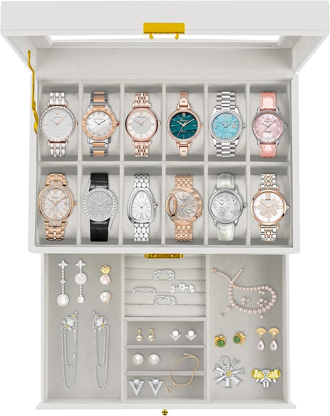 Ogrmar 12 Slot PU Leather Lockable Watch Storage Boxes, Men & Women Jewelry Display Drawer Case, 2-tier Organizer Watch Showcase with Glass Lid (White)