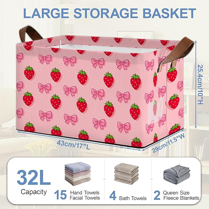Strawberry Storage Basket with Handles,Bow Collapsible Rectangle Organizer Bin for Room Decoration Books Box Baskets 17x11.5x10Inch