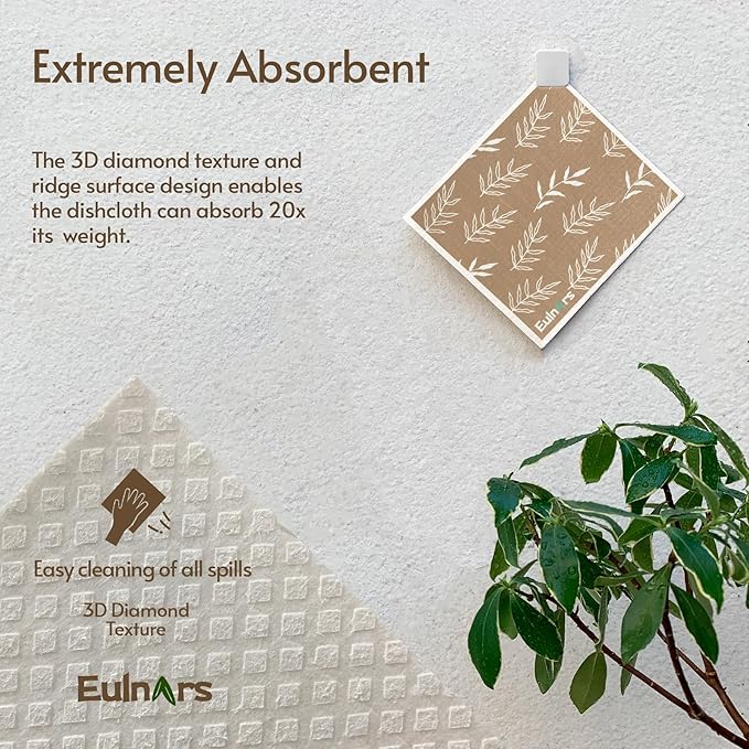 Eulnars Swedish Dishcloths, 8 Pack Reusable Paper Towels with Clips, Quick Drying Dish Towels, Super Absorbent Cellulose Sponge Cloths, No Odor, Kitchen Cleaning Essentials