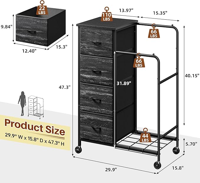 47.3" H Dresser with Hanging Rack, 4 Fabric Drawers with Double Clothes Rack & Wheels, Tall Closet Organizer Dresser for Bedroom, Entryway, Black, 15.8" D x 29.9" W x 47.3" H