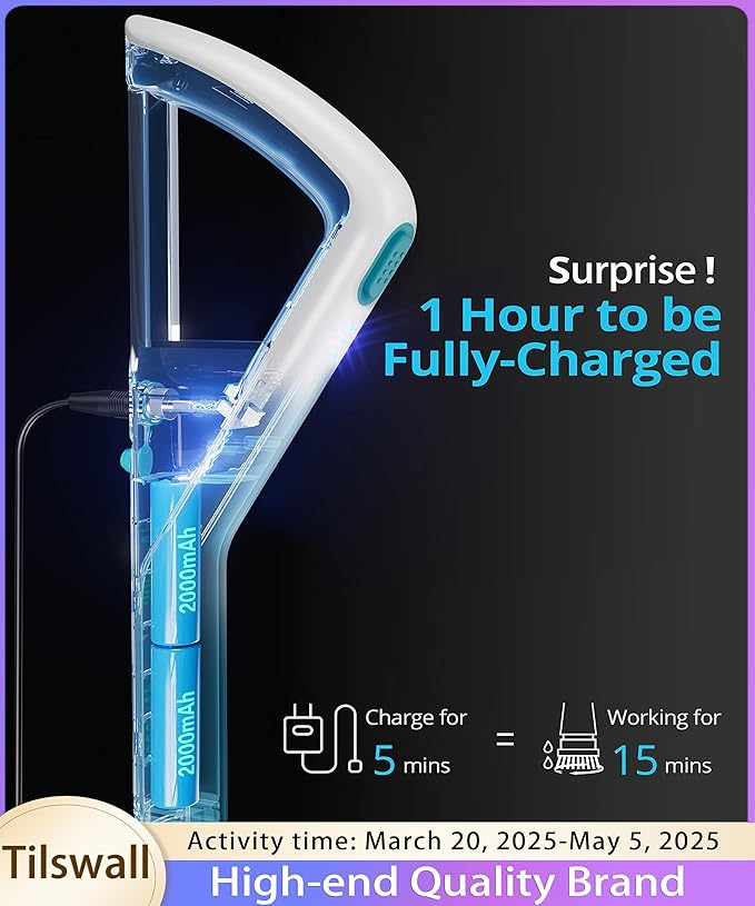 Tilswall Cordless Electric Spin Scrubber - Powered Shower & Tile Cleaning Brush with Detachable Handle, 2-Speed Modes & Extra Battery, for Bathroom Tub/Glass/Car Windows