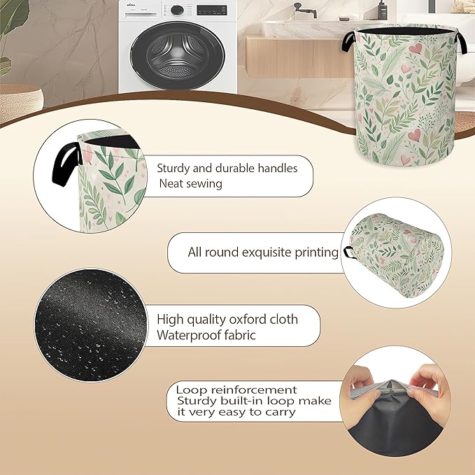 Spring Green Leaves Laundry Hamper,Rustic Wildflower Herb Clothes Hamper for Laundry,Waterproof Oxford Toy Storage Collapsible Hampers for Bedroom, Dorm Room,Bathroom,16x20 Inch