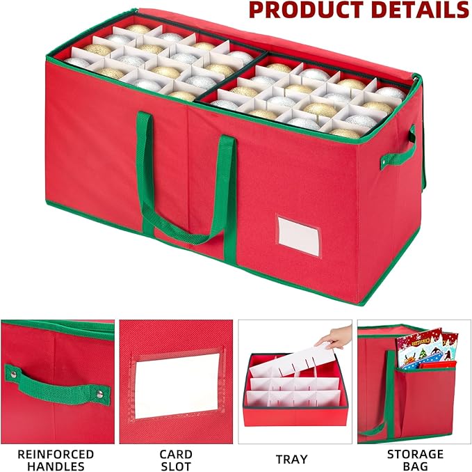 inin Christmas Ornament Storage Box with Adjustable Dividers,Christmas Ornaments Organizer with Zippered Top,Storage Container Bin with Side Pockets for Holiday Decorations(128 Ball, Red, with Tray)