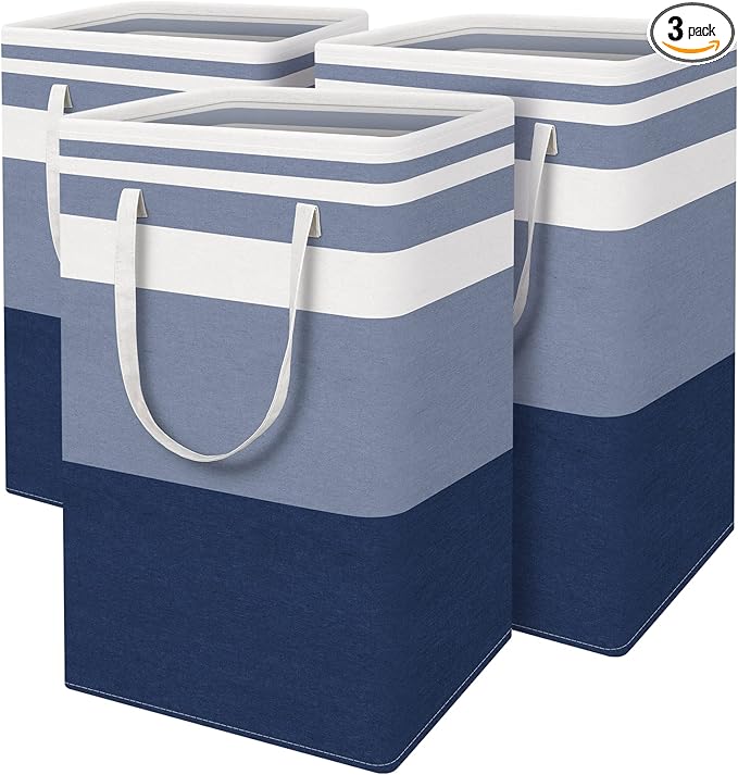 BlissTotes 3-Pack Laundry Basket, Freestanding＆Waterproof Laundry Hamper, Collapsible Tall Clothes Hamper with Easy Carry Handles for Clothes, Towels in the Family and Dorm,Gradient Blue,88L