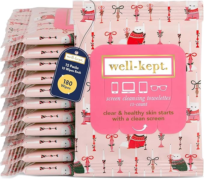 Well-Kept Tech & Lens Wipes - Eyeglass, Screen & Phone Cleaning, Multi-Surface, Lint-Free, Pre Moistened, Streak-Free & Non Scratching - Choupette, 12 Pack (180 Count)