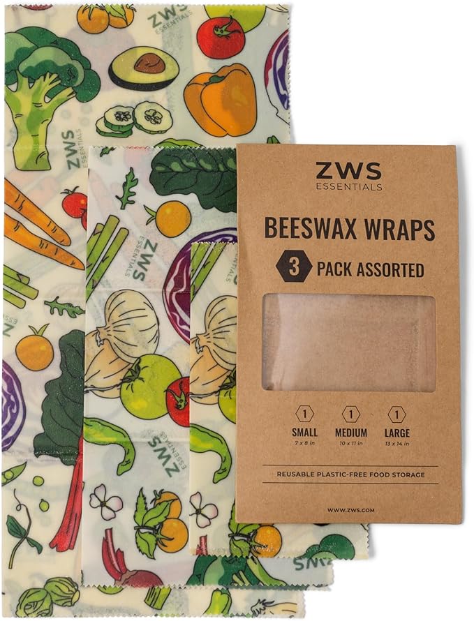 ZWS Essentials Beeswax Wraps, Reusable Cotton Food Storage Set for Kitchen, Lunch, Bread, Snacks, Bowls. Eco-Friendly Plastic-Free Alternative. 3-Pack Assorted - Veggies by Zero Waste Store