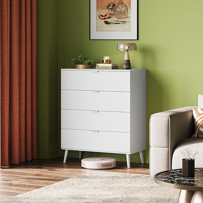 WLIVE 4 Drawer Dresser for Bedroom, Wooden White Tall Dresser, Modern Dressers with Sturdy Metal Handle, Small Chest of Drawers for Living Room, Hallway