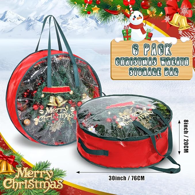 Shappy 6 Pcs Christmas Wreath Storage Bag Plastic Storage Containers for Wreaths Container Christmas Decorative Xmas Plastic Bag Holder Handles Dual Zipper Holiday Wrapping (30 x 7 Inch)