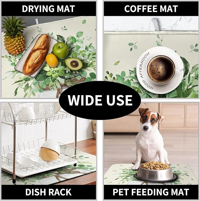 Spring Sage Green Leaves Dish Drying Mat for Kitchen Counter Eucalyptus Leaf Floral Mason Jar Dishes Drainer Mats Absorbent Microfiber Dish Draining Mat Reversible Dish Pad 16x18 Inch