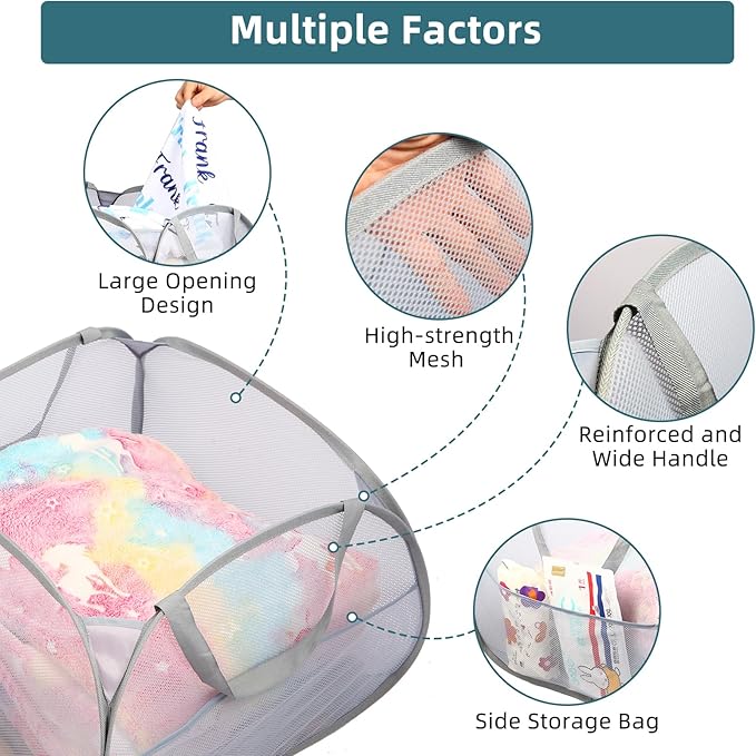 2 Pack Collapsible Laundry Baskets, 90L Large Foldable Laundry Basket, Durable Mesh Pop Up Hampers for Laundry, Dirty Clothes Laundry Hamper for Bedroom, Bathroom, Dorm, Laundry Room, Travel Grey