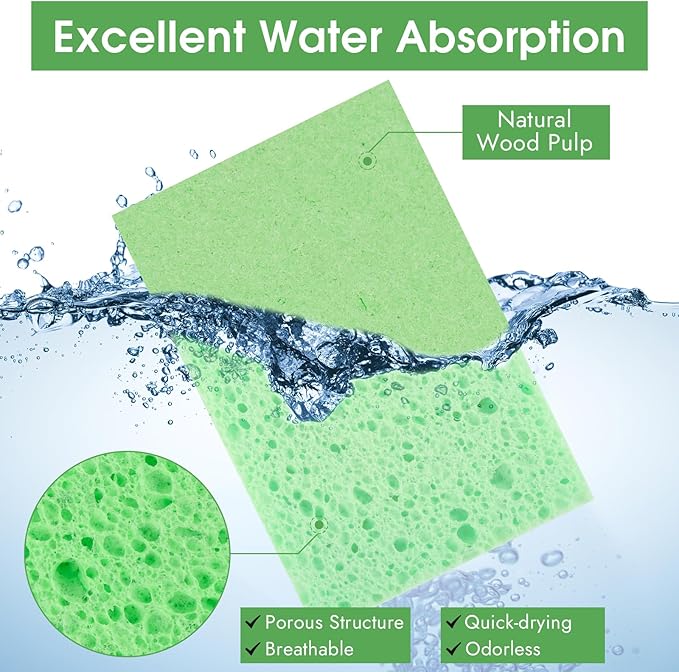 MOWPOG 12 PCS Dish Sponges Kitchen, Non Scratch Cleaning Sponge for Non Stick Cookware, Natural Compressed Cellulose Wash Scrub for Household Bathroom, Soft Washing Scrubbers (Green)