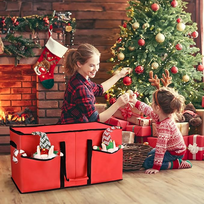 Christmas Ornament Storage Box, Ornament Storage Organizer Fits 128 of 3 inch Ornament Balls, 8 Removable Tray Ornaments Storage Containers with Dividers to Store Xmas Holiday Decor(Red)