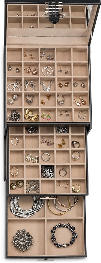 Glenor Co Earring Organizer Holder - 75 Small & 4 Large Slots Classic Jewelry Box with Drawer & Modern Closure, Mirror, 4 Trays Earrings, Ring or Chain Storage - PU Leather Case - Black