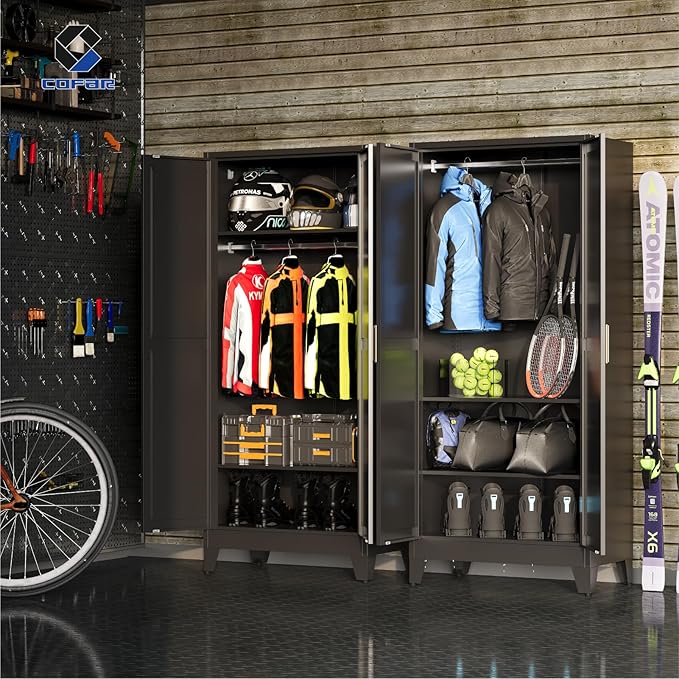 COFaR 71'' Metal Armoire Wardrobe Closet, Steel Wardrobe Cabinet with Adjustable Hanging Rod and Shelves, 2 Doors Farmhouse Closet Storage for Bedroom Garage Laundry, Black Roperos para Guardar Ropa