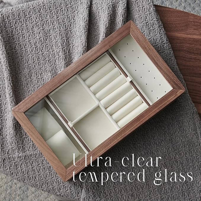 Beexchange Black Walnut Wooden Jewelry Box - Allwood, Handcrafted, Glass Lid Gift for Women, Men, and Girls. Jewelry Organizer Storage.(Single-Layer)