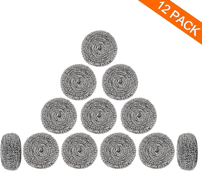 ovwo 12Pack Upgraded Steel Wool Scrubbers - Premium Stainless Steel Scrubber, Metal Scouring Pads, Steel Wool Pads, Kitchen Cleaner, Heavy Duty Cleaning Supplies - Especially for Tough Cleaning