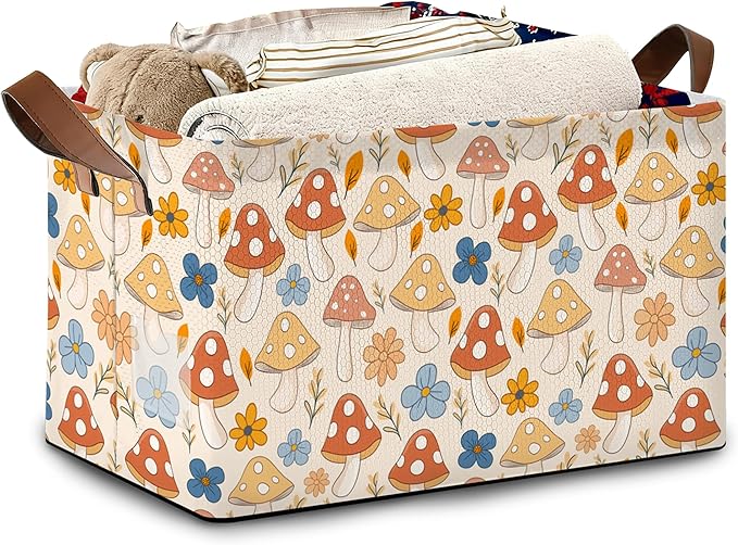 Retro Mushroom Storage Basket with Handles,Flower Collapsible Rectangle Organizer Bin for Room Decoration Books Box Baskets 17x11.5x10Inch