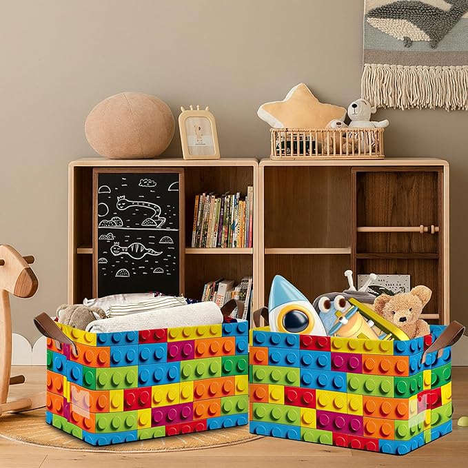 Colorful Building Blocks Collapsible Storage Box,Organizer Bin with Handles for Room Decoration,Bins Book Basket Box 17x11.5x10Inch