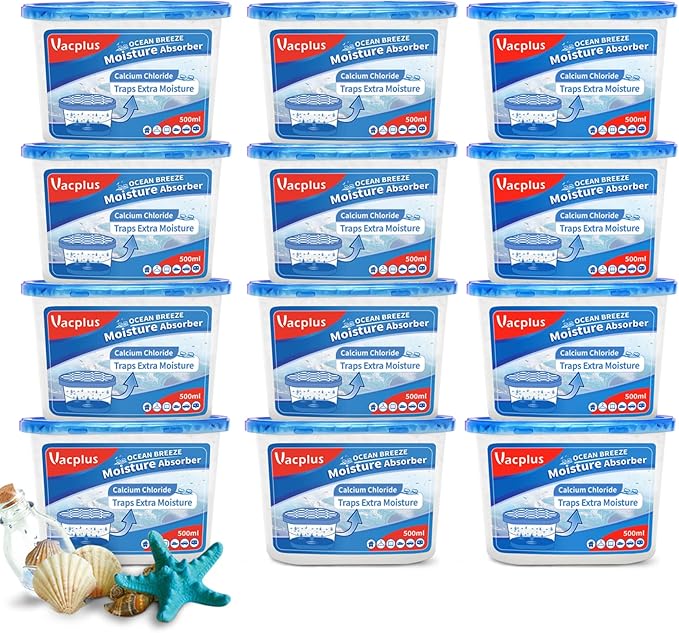 Vacplus Moisture Absorbers, 10.5 Oz Humidity Absorber Boxes Attracts Extra Moisture from Your Bathroom, Closet, Kitchen & Study, Dehumidifier, Odor Eliminator for Closet (Ocean Scent), 12 Packs