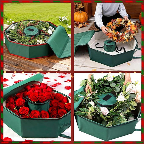 2 Pack Wreath Storage Christmas Garlands Bag with Interior Pockets Large Xmas Container Box for Holiday Decorations Case with Dual Zipper and Handles Window Labeling Card Slot 24" Green