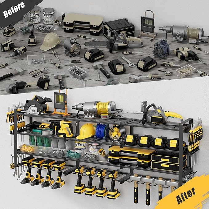 49.4'' Large Power Tool Organizer Wall Mount, 4-Tier Tool Storage Rack with 12 Drill Holders, 600LBS Load Heavy Duty Cordless Tool Shelf for Garage Organization, Gift for Men