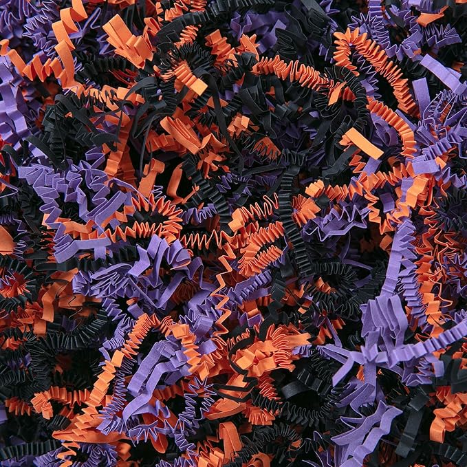 Mefleet 1 LB Halloween Crinkle Cut Paper Shred Filler Orange & Purple & Black Crinkle Shredded Paper for Boo Basket - Gift Box Bag Filler - Grass Cushion Stuffing for Halloween Wrapping