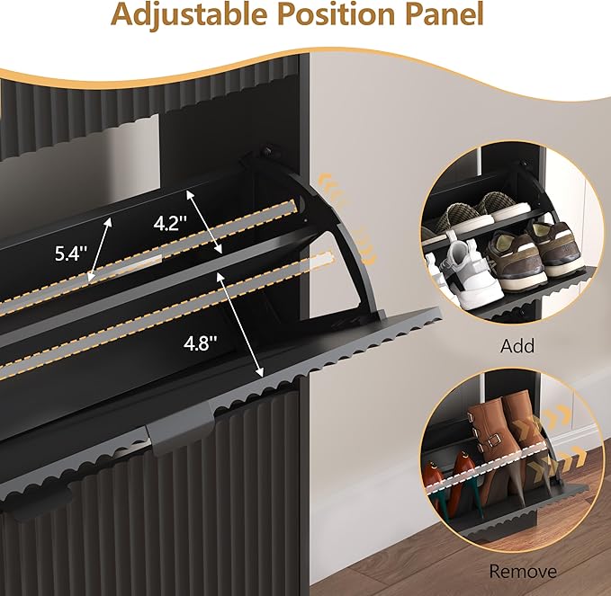 Shoe Cabinet Storage for Entryway with 4 Flip Drawers, Black Fluted Shoe Cabinet with Adjustable Shelves, Wooden Hidden Shoe Rack Freestanding Narrow Slim Shoes Storage for Hallway, Entrance
