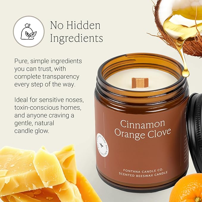 Fontana Candle Co Wood Wick Beeswax Jar Candle, Cinnamon Orange Clove - Made with Coconut Oil & Pure Essential Oils – Clean Burn, Long Lasting and Non-Toxic Candles for Home & Room Decor