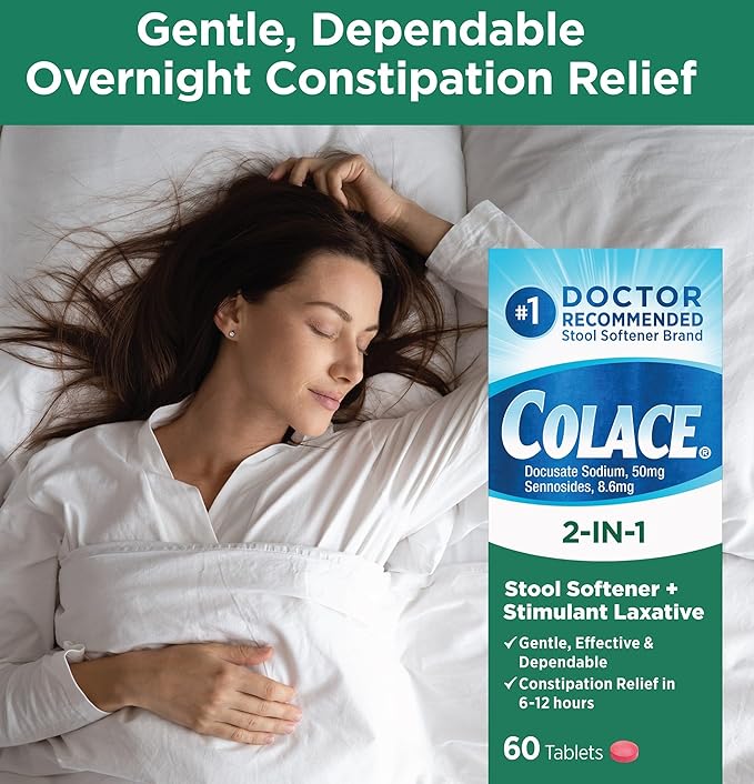 Colace 2-In-1 Stool Softener Plus Stimulant Laxative for Gentle Effective Constipation Relief, Docusate Sodium Plus Sennosides, 60 Count