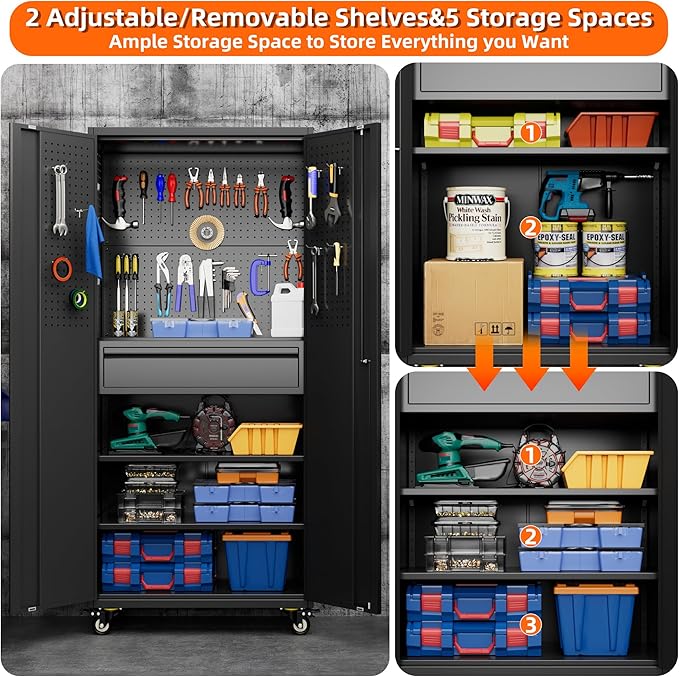Aobabo Metal Storage Cabinet with Wheels and Adjustable Pegboard, 71" H Steel Rolling Cabinet with 16 Hooks and 1 Interior Drawers for Garage, Home, Office, Kitchen, Black, Assembly Required