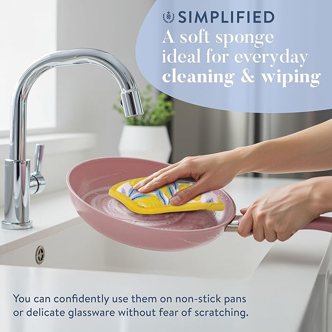 Simplified 5-Pack Scrub & Wipe 2-in-1 Dishwashing Sponges - Non-Abrasive Cleaning Sponges, Double-Sided - Safe for Dishes, Non-Stick Pans or Glassware, Absorbent Dish Sponges, Yellow Leaves