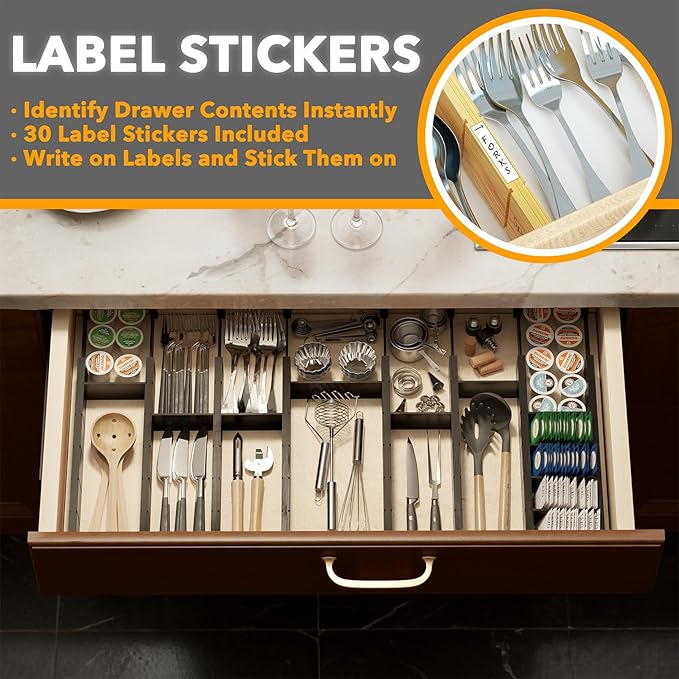 SpaceAid Bamboo Drawer Dividers with Inserts and Labels, Kitchen Adjustable Drawer Organizers, Expandable Organization for Home, Office, Dressers, 10 Dividers with 24 Inserts (17"-22" Black)