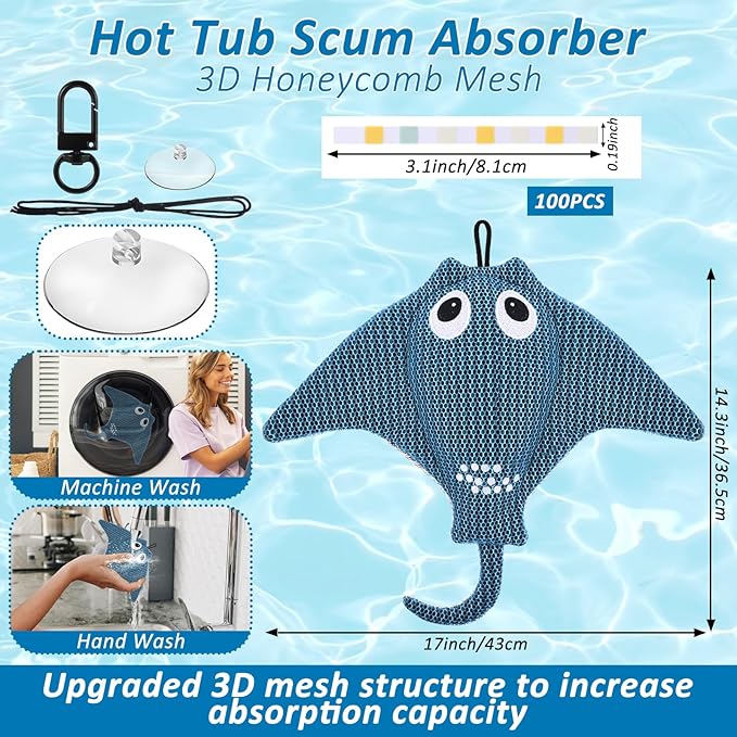 Hot Tub Scum Absorber with 100 Test Strips, 2025 Upgrade Reusable Scum Devilfish Hot Tub Absorber Accessories Hot Tub Sponge for Spa & Pool Cleaner, Hot Tub Oil Absorbing Keeps Water Clean