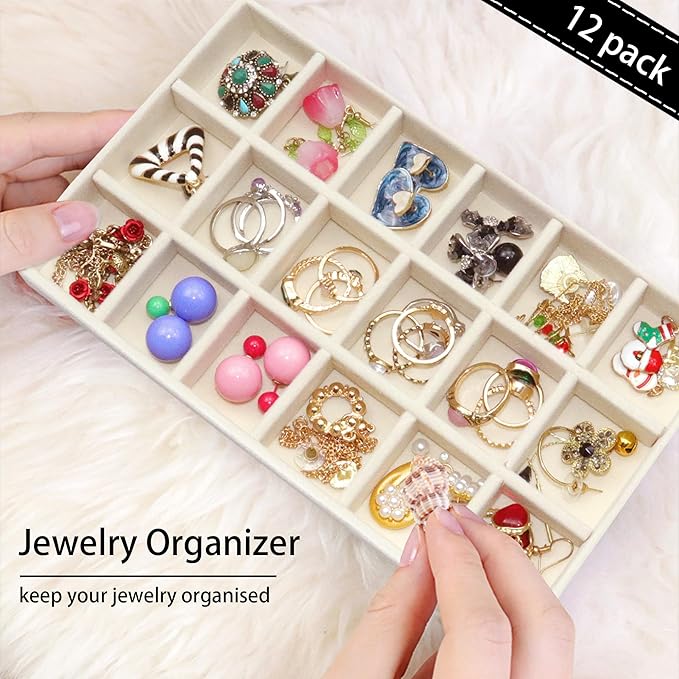12 Pack Different Jewelry Organizer Trays for Drawer Stackable Adjustable Velvet Jewelry Box Tray Earring Holder Organizer