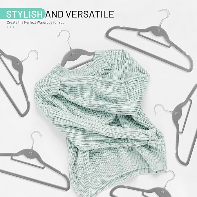 Velvet Stackable Hangers 30 Pack, STOPKLAS Grey Clothes Hangers Non Slip Felt Hanger with 360° Swivel Hook, Thin Hangers Space Saving, Heavy Duty Closet Hanger for Clothes, Coats, Suits, Dress, Pants
