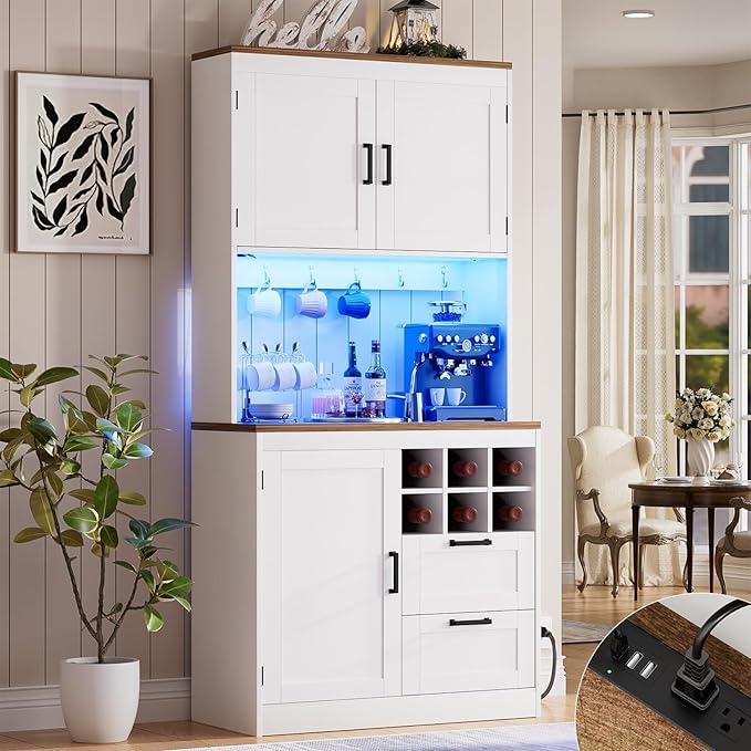 Unikito 72" Tall Pantry Cabinet, Kitchen Pantry Storage Cabinet with LED Light & Outlet, Kitchen Hutch Bar Cabinet with Microwave Stand, Wine Rack, Drawers and Shelves, Cupboard for Dining Room, White