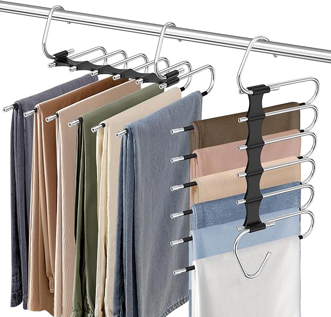 Besslly Upgrade 6 Layers Pants Hangers Space Saving, 2 Pack Stainless Steel Multifunctional Rack Non Slip S-Type Pant Closet Organizer Saver for Leggings Jeans Trousers Scarf, Black