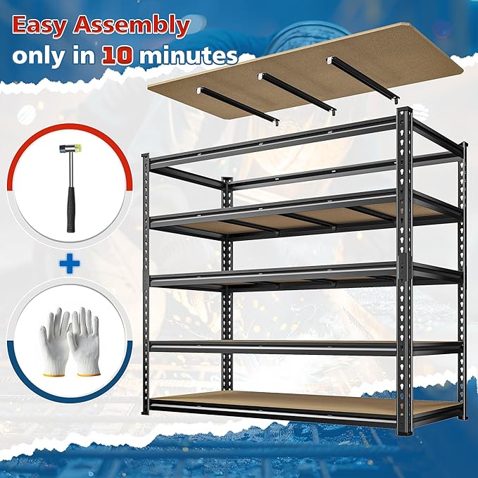 DurayLoly 55" W Storage Shelves, 2550LBS Garage Shelving, 5-Tier Metal Shelving Unit, Adjustable Heavy Duty Shelving for Garage, Warehouse, Pantry, Kitchen, 55" W × 24" D × 72" H, Black