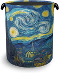 Starry Night Moon Laundry Basket,Village Oxford Cloth Laundry Hamper with Handle Foldable Portable Clothes Storage Basket for Bathroom Bedroom Dorm Room 16" x 20.8"